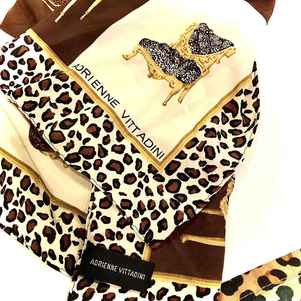 ADRIENNE VITTADINI Vint Y2K Silk Scarf Rococo Chairs Leopard Print 21" Square